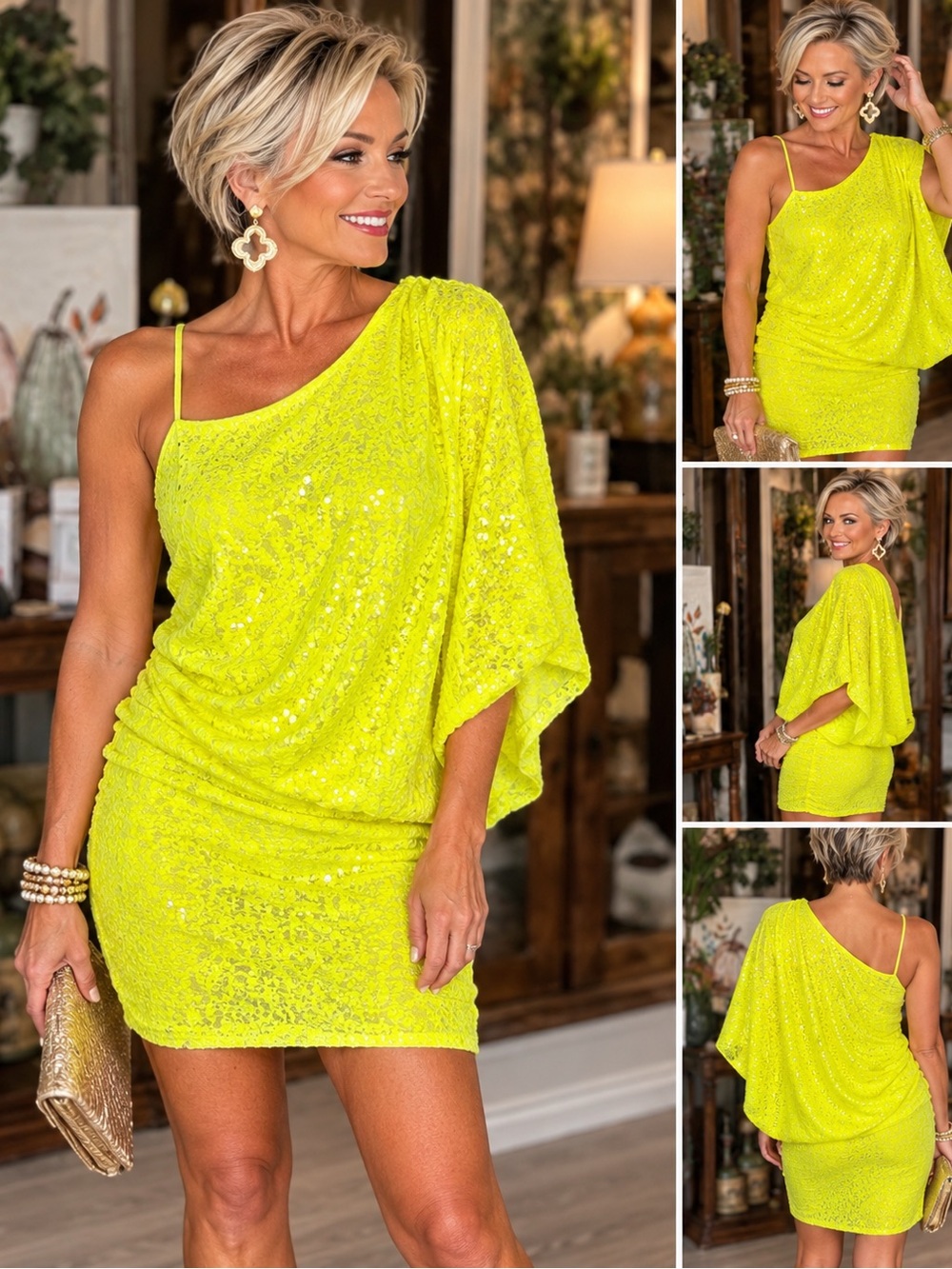 Sequin One-Shoulder Mini Dress - Neon Yellow. Gabrielle union cocktail, prom
